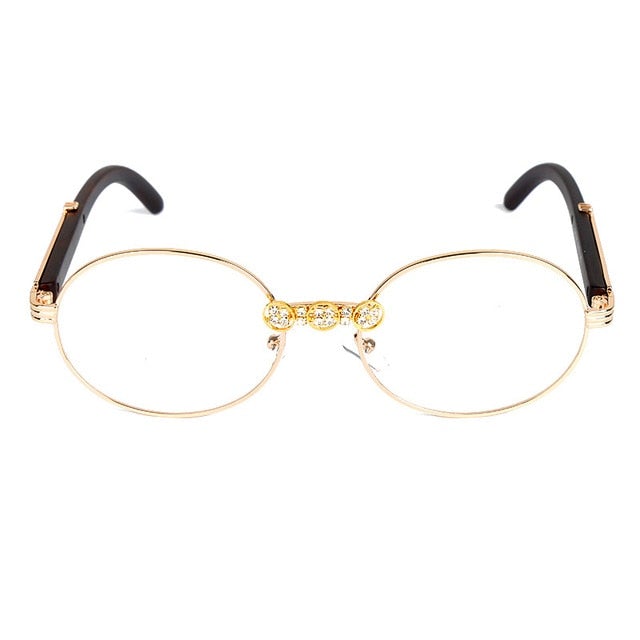Vintage Wood Frame Diamond Crystal Handmade Round Sunglasses