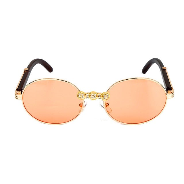 Vintage Wood Frame Diamond Crystal Handmade Round Sunglasses