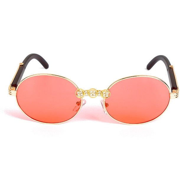 Vintage Wood Frame Diamond Crystal Handmade Round Sunglasses
