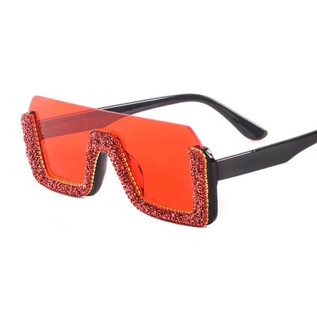 Luxury Crystal Half Frame Oversized Rhinestone Square Sunglasses