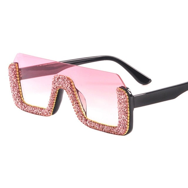 Luxury Crystal Half Frame Oversized Rhinestone Square Sunglasses