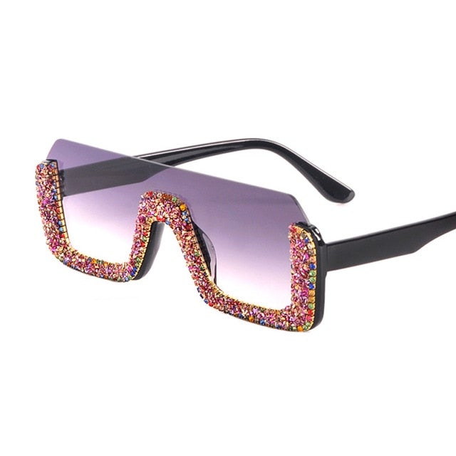 Luxury Crystal Half Frame Oversized Rhinestone Square Sunglasses