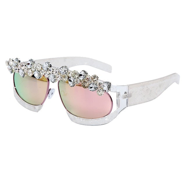 Vintage Diamond Reflective Mirror Lens Rhinestone Bar Square Sunglasses