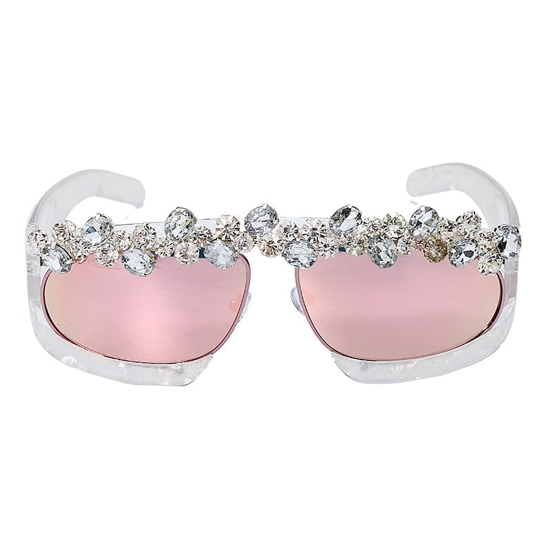 Vintage Diamond Reflective Mirror Lens Rhinestone Bar Square Sunglasses
