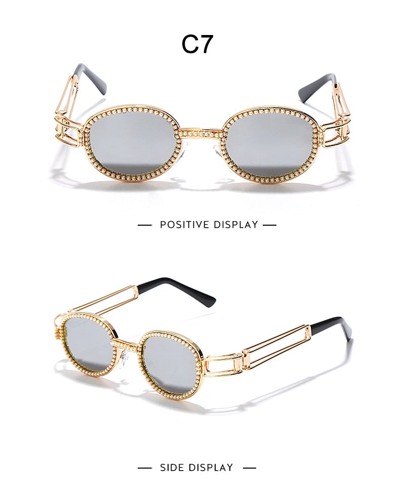 Vintage Pearl Diamond Steampunk Rhinestone Small Round Sunglasses