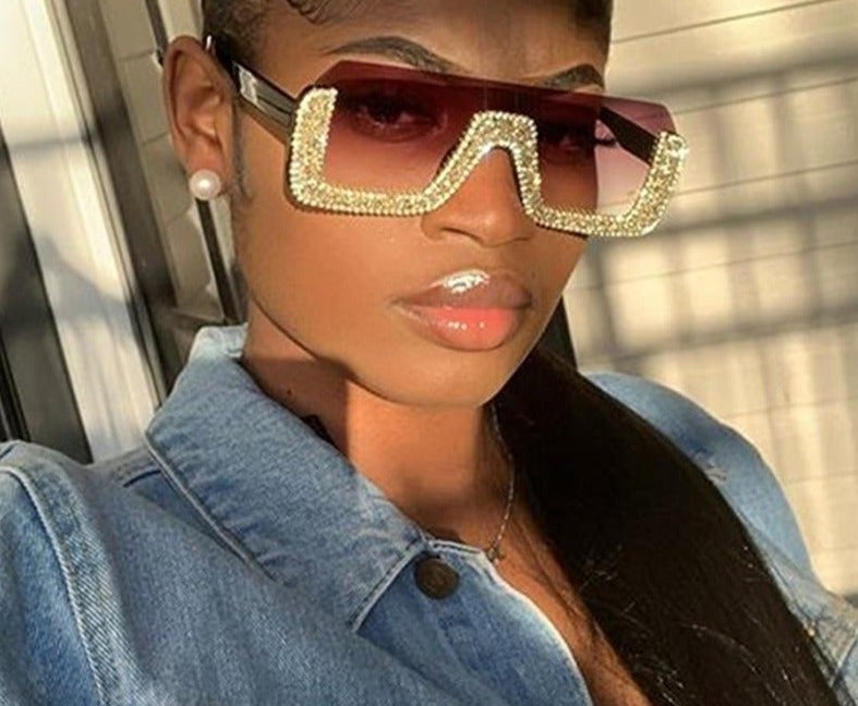 Luxury Crystal Half Frame Oversized Rhinestone Square Sunglasses