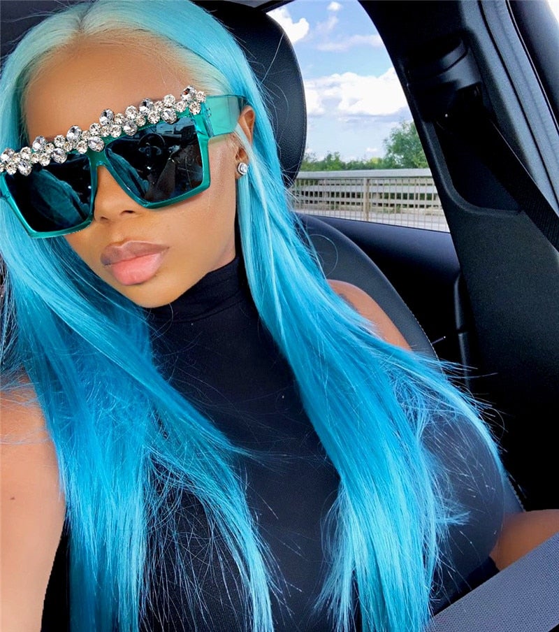 Oversized Frame Luxury Diamond Rhinestone Mirror Square Sunglasses