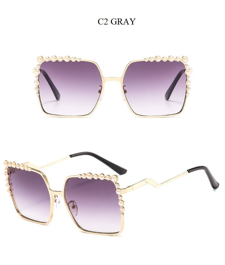 Luxury Pearl Decorated Frame Gradient Oversized Square Sunglasses