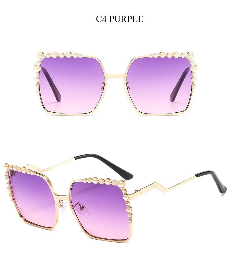 Luxury Pearl Decorated Frame Gradient Oversized Square Sunglasses