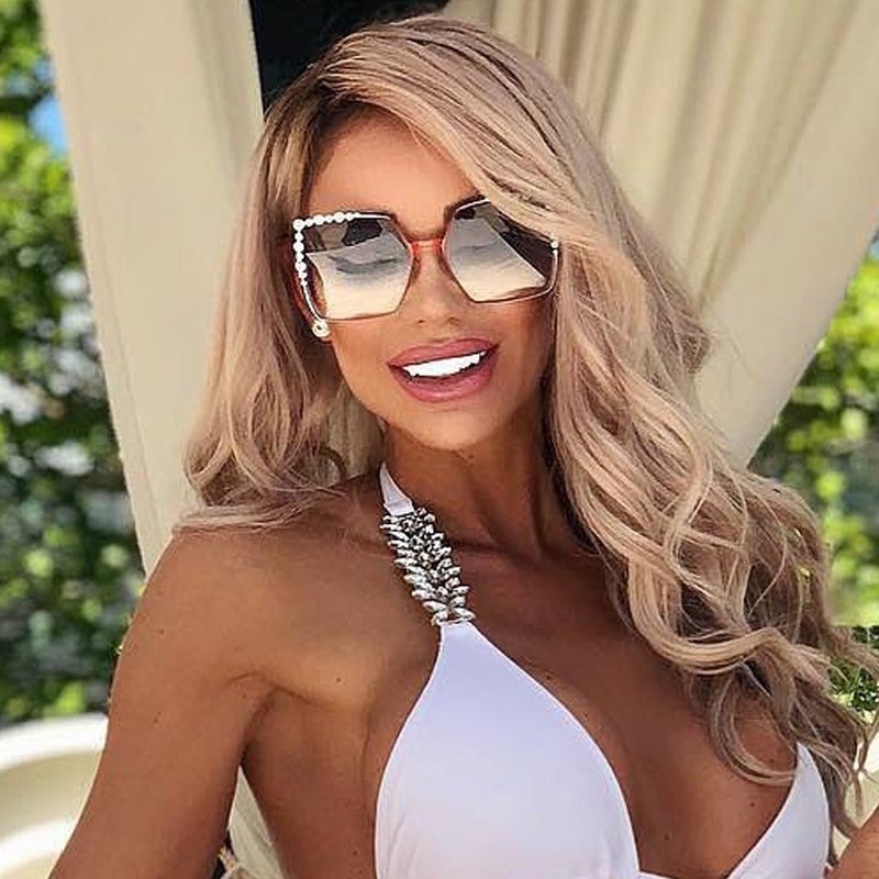 Luxury Pearl Decorated Frame Gradient Oversized Square Sunglasses