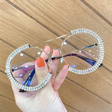 Double Beam Rhinestone Crystal Edge Clear Lens Round Sunglasses