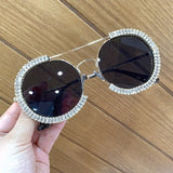 Double Beam Rhinestone Crystal Edge Clear Lens Round Sunglasses