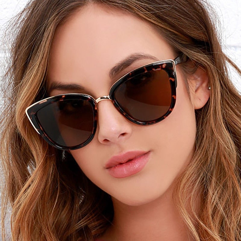 Vintage Leopard Metal Edge Frame Retro Cat Eye Sunglasses