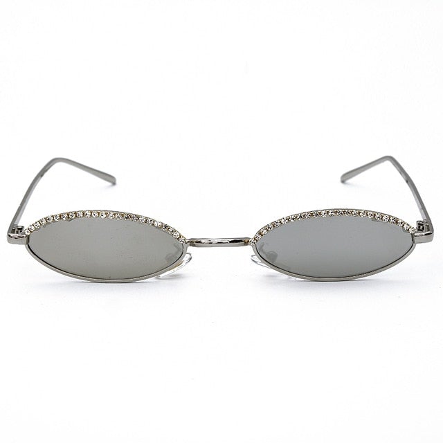 Narrow Diamond Oval Frame Mirror Lens Cat Eye Sunglasses