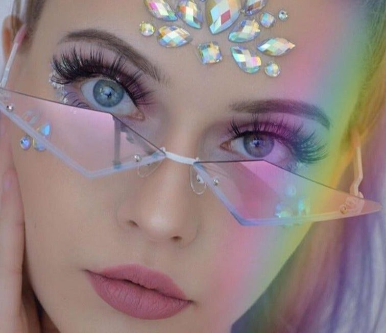 Rimless Diamond Cut Anti-Reflective Mirror Lens Cat Eye Sunglasses