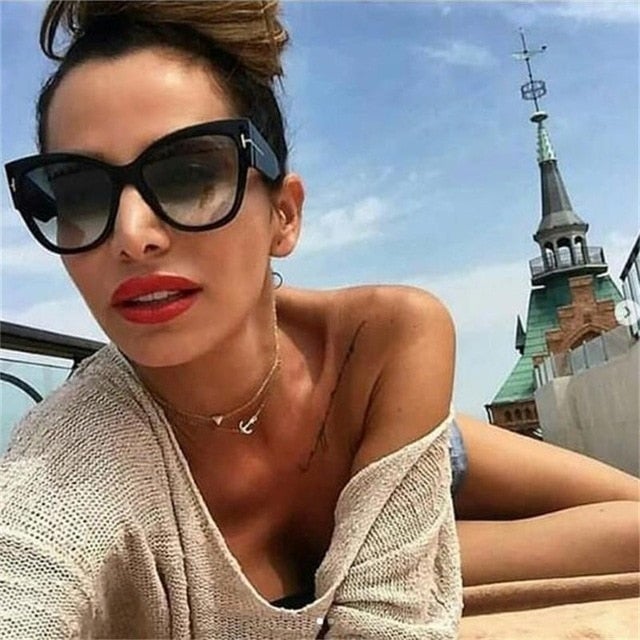 Gradient Lens Gold T Decor Vintage Oversized Frame Cat Eye Sunglasses