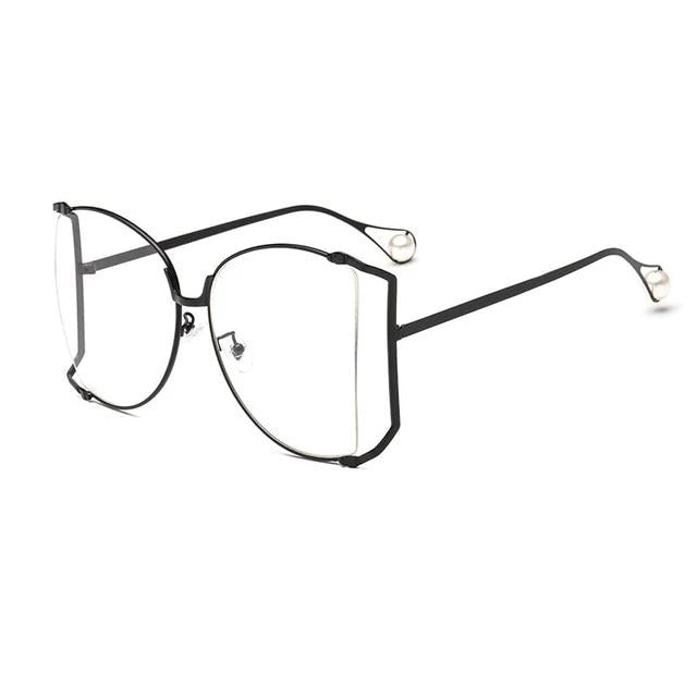 Oversized Metal Hollow Side Frame Pearl Clear Lens Square Sunglasses