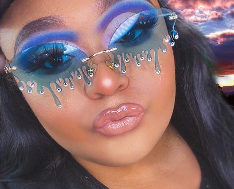 Vintage Unique Tears Shape Rimless Lens with Diamond Tips Retro Sunglasses