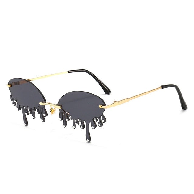 Vintage Unique Tears Shape Rimless Lens with Diamond Tips Retro Sunglasses
