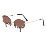 Vintage Unique Tears Shape Rimless Lens with Diamond Tips Retro Sunglasses