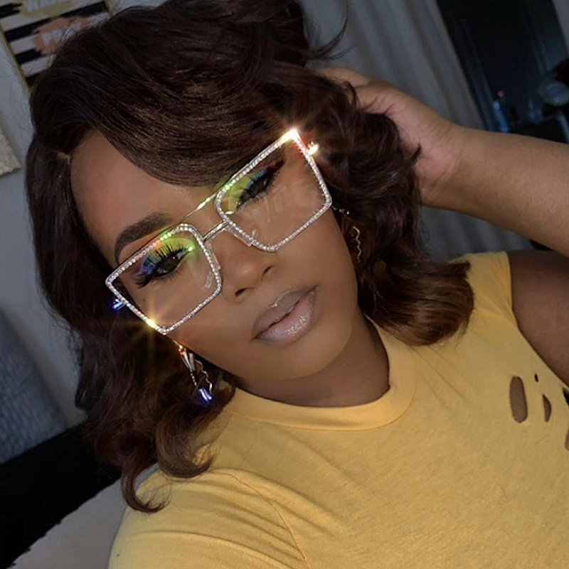Transparent Lens Rhinestone Metal Frame Square Sunglasses