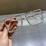 Transparent Lens Rhinestone Metal Frame Square Sunglasses