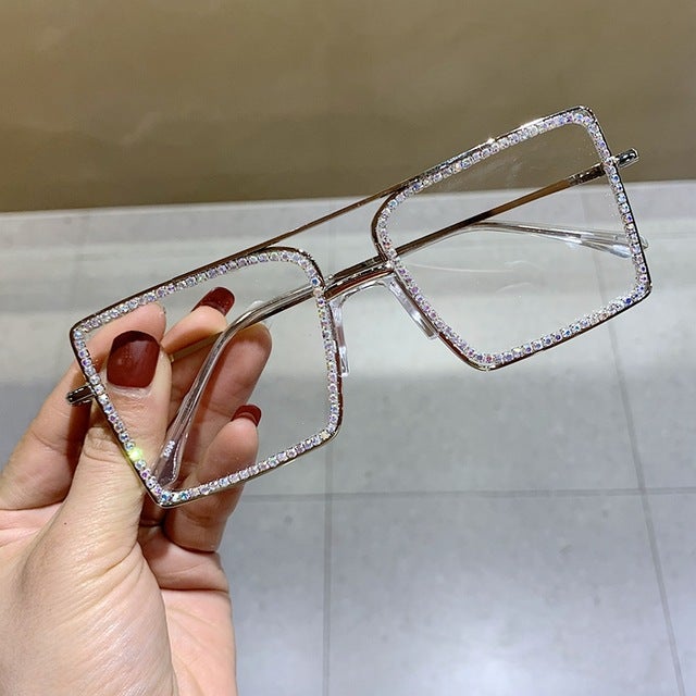 Transparent Lens Rhinestone Metal Frame Square Sunglasses