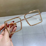 Transparent Lens Rhinestone Metal Frame Square Sunglasses