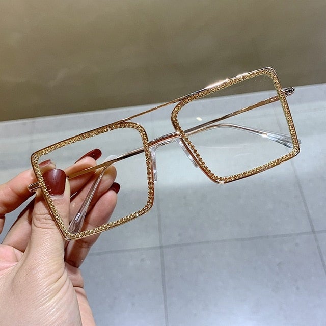 Transparent Lens Rhinestone Metal Frame Square Sunglasses