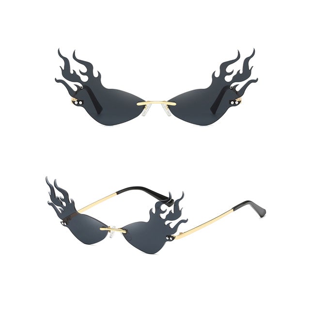 Fire Flame Rimless Wave Mirror Lens Narrow Cat Eye Sunglasses