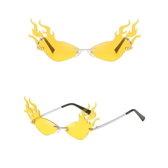 Fire Flame Rimless Wave Mirror Lens Narrow Cat Eye Sunglasses
