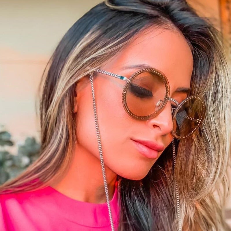 Chain Designed Frames With Rimless Lens Round Sunglasses