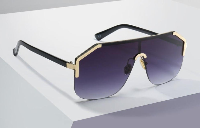 Oversized Rimless Flat Top Hexagon Shaped One Piece Lens Semi Round Sunglasses