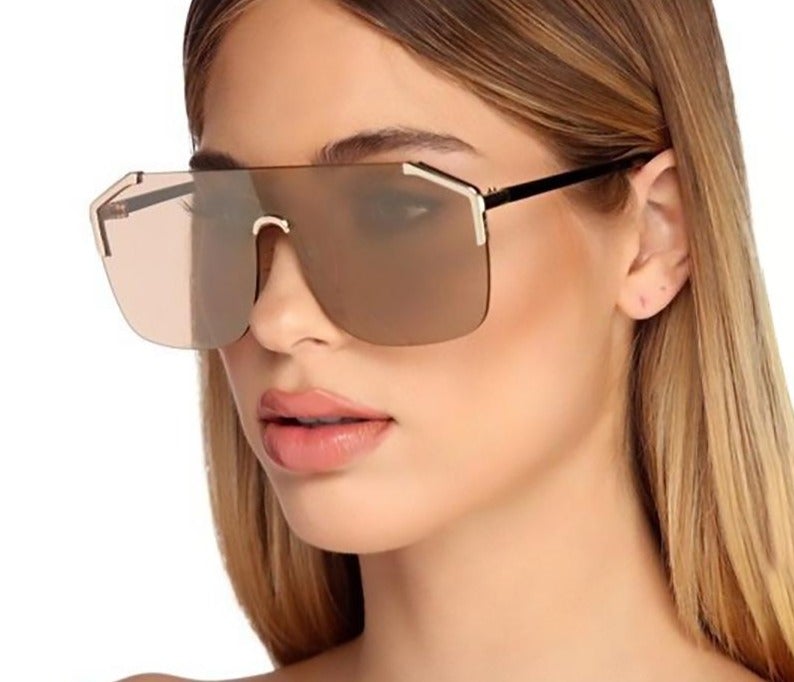 Oversized Rimless Flat Top Hexagon Shaped One Piece Lens Semi Round Sunglasses
