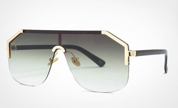 Oversized Rimless Flat Top Hexagon Shaped One Piece Lens Semi Round Sunglasses