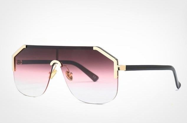 Oversized Rimless Flat Top Hexagon Shaped One Piece Lens Semi Round Sunglasses
