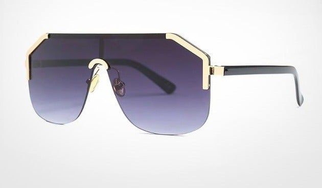 Oversized Rimless Flat Top Hexagon Shaped One Piece Lens Semi Round Sunglasses