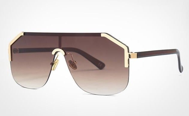 Oversized Rimless Flat Top Hexagon Shaped One Piece Lens Semi Round Sunglasses