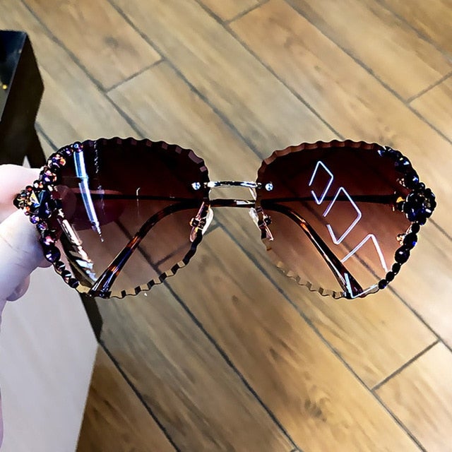 Vintage Bling Luxury Rhinestone Gradient Lens Rimless Sunglasses
