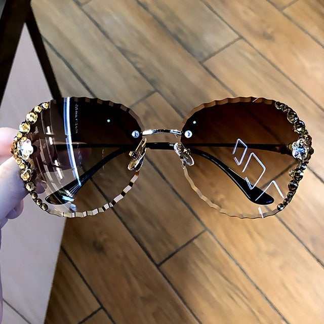 Vintage Bling Luxury Rhinestone Gradient Lens Rimless Sunglasses