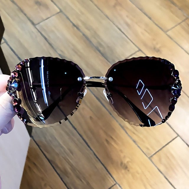 Vintage Bling Luxury Rhinestone Gradient Lens Rimless Sunglasses