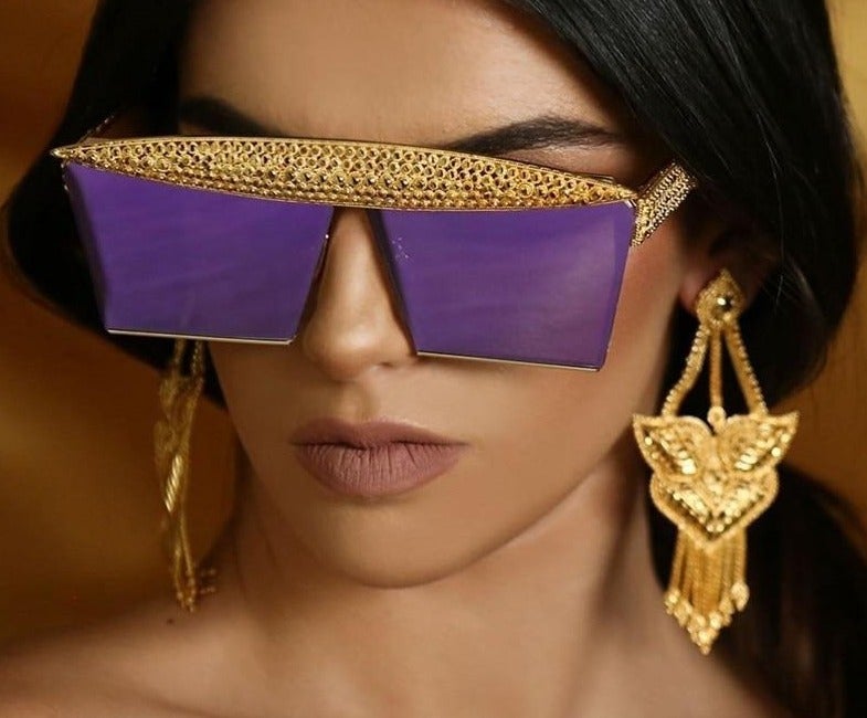 Metal Steampunk Luxury Flat Top Mirror Gradient Square Sunglasses