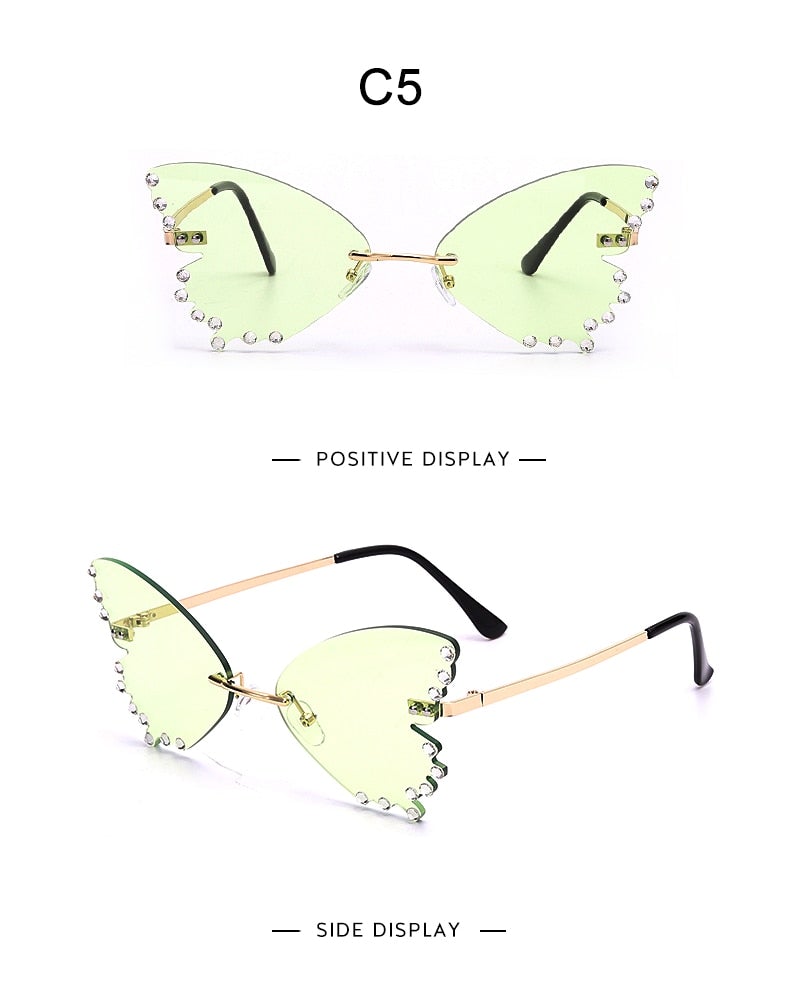 Diamond Edge Butterfly Wing Design Rimless Cat Eye Sunglasses