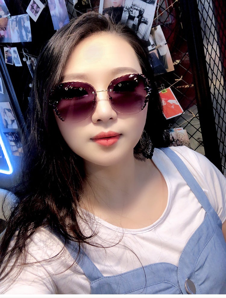 Vintage Bling Luxury Rhinestone Gradient Lens Rimless Sunglasses