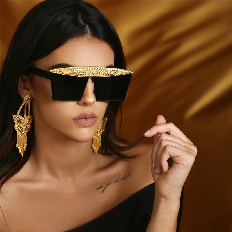 Metal Steampunk Luxury Flat Top Mirror Gradient Square Sunglasses