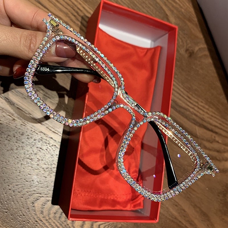 Rhinestone Decoration Vintage Clear Lens Square Eyeglasses