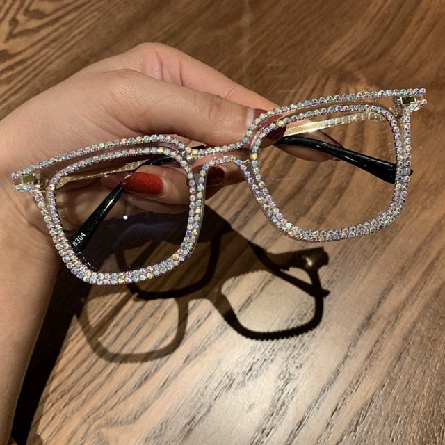 Rhinestone Decoration Vintage Clear Lens Square Eyeglasses