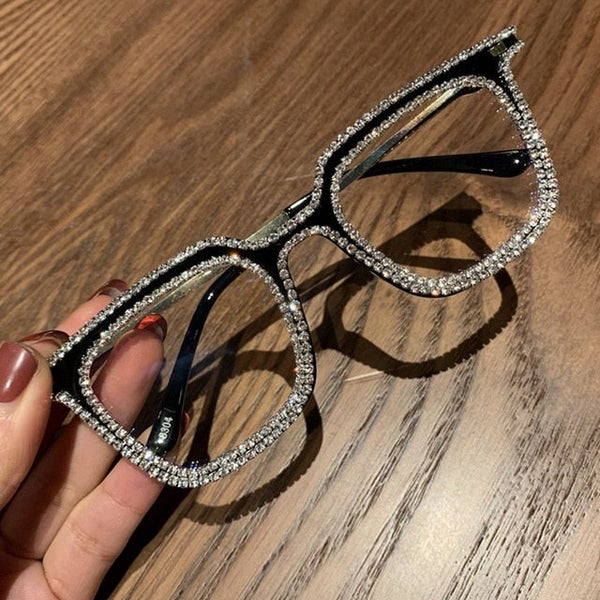 Rhinestone Decoration Vintage Clear Lens Square Eyeglasses