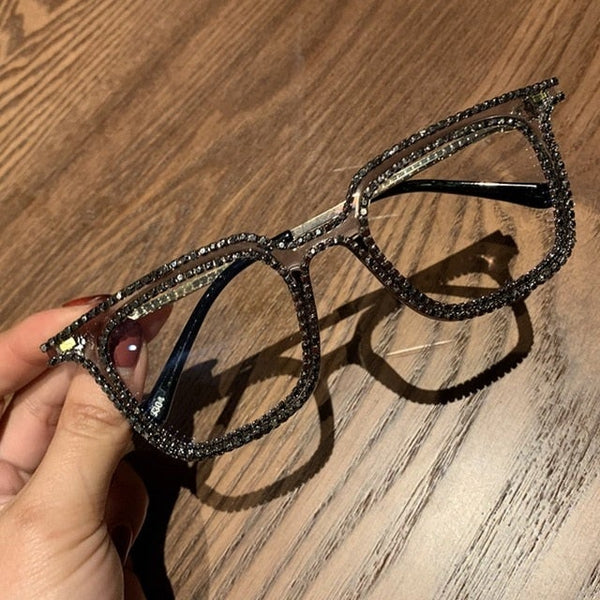 Rhinestone Decoration Vintage Clear Lens Square Eyeglasses