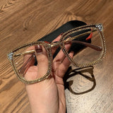 Rhinestone Decoration Vintage Clear Lens Square Eyeglasses